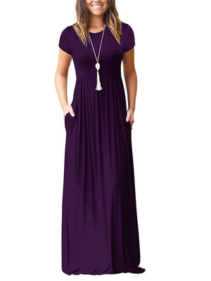 Women's Short Sleeve Loose Plain  Pockets Maxi Dresses