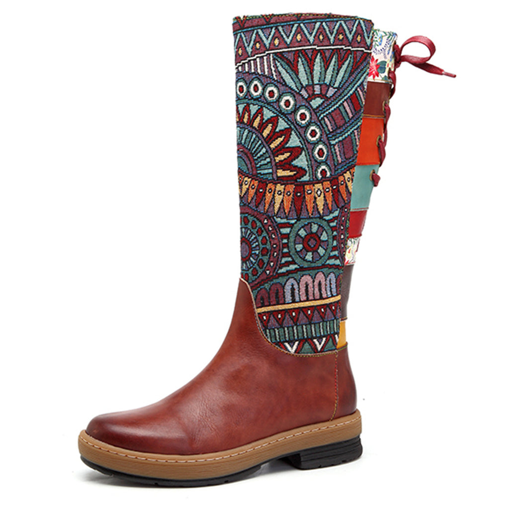 Bohemian Splicing Pattern Flat Leather Rainbow Knee Boots