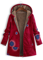 Ethnic Print Fleece Zipper Loose Hooded Coat