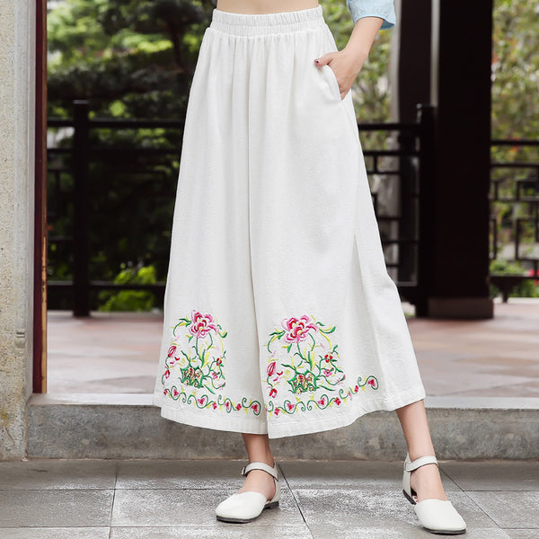 2019 Casual Embroidery Wide Leg Elastic Waist Loose  Pants