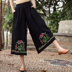 2019 Casual Embroidery Wide Leg Elastic Waist Loose  Pants