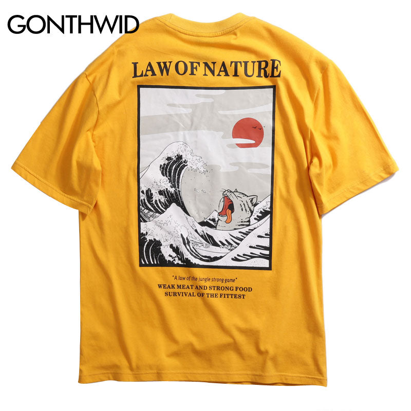 Japanese Ukiyo Cat Wave Printed Streetwear T Shirts